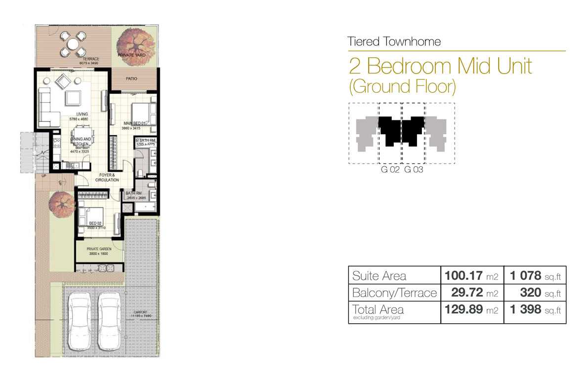 2 Bedroom, Mid Unit, Ground Floor, Size 1398 Sq.Ft